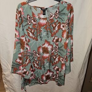 Floral Print Women's Blouse - Green and Orange